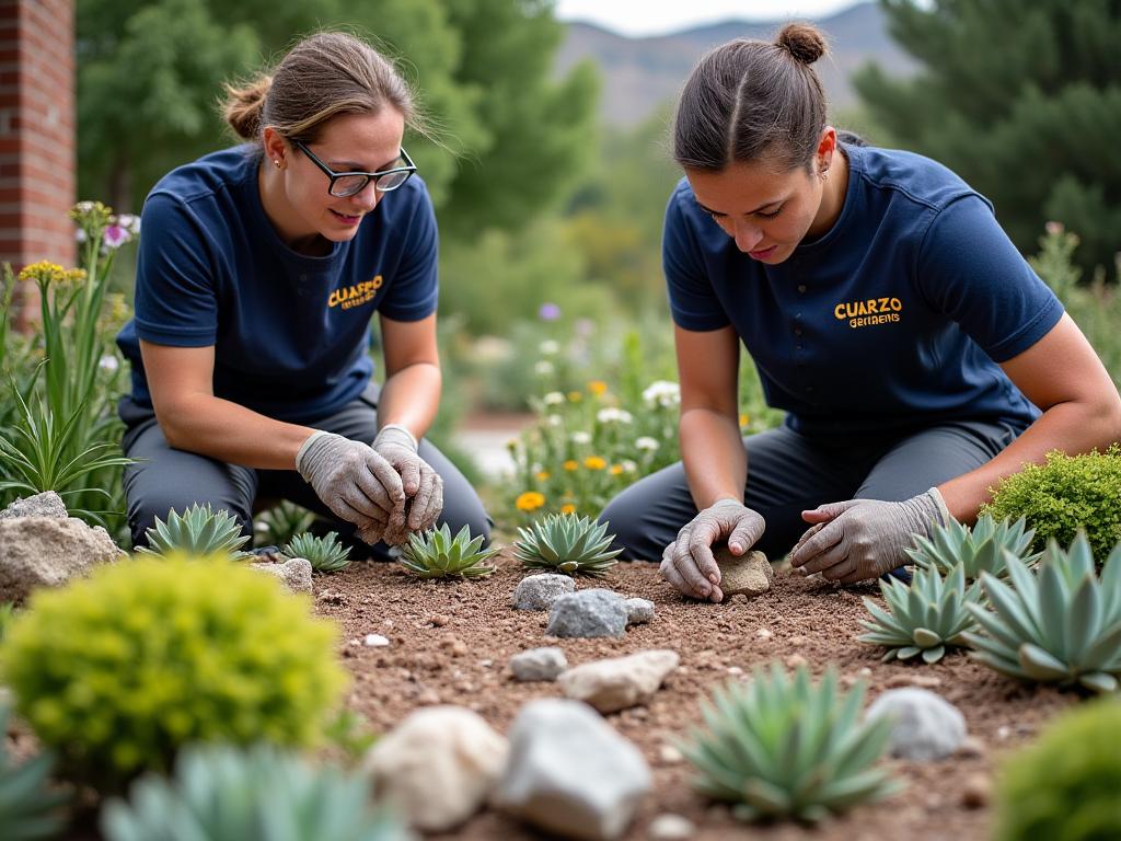 Equipo de Cuarzo Gardens trabajando en jardín con minerales