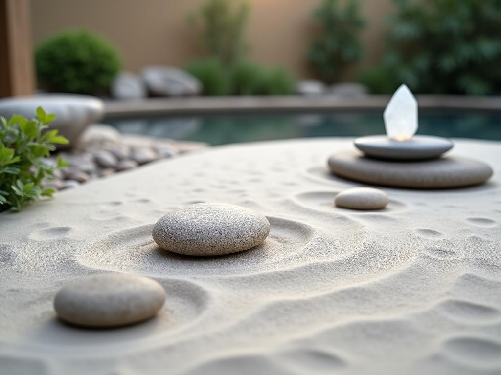 Jardín zen con cuarzos y elementos de agua